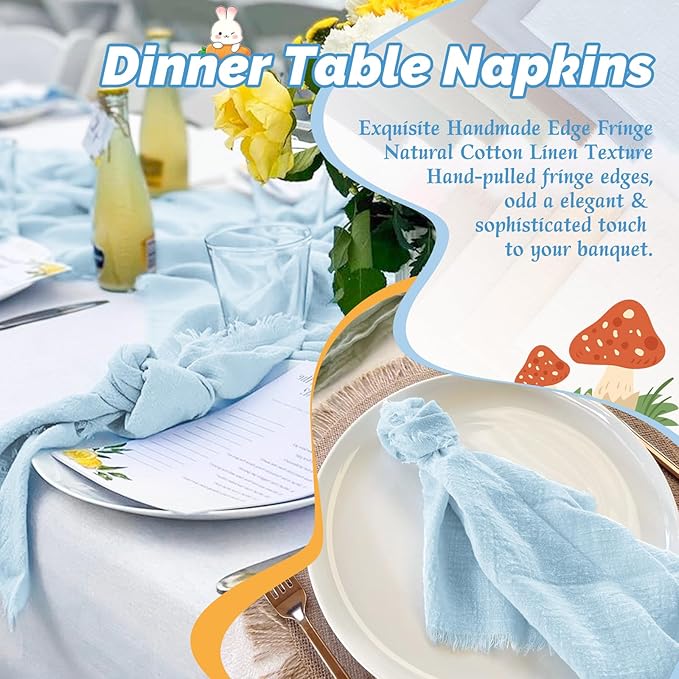 Showgeous 30 Pack Light Blue Cloth Napkins with Fringe 16x16 inch 100% Cotton Blue Napkins Handmade Dinner Napkins Bulk Washable Soft Rustic Table Napkins for Wedding Parties Bridal Baby Shower