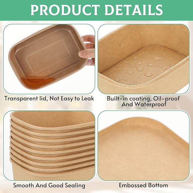 50 Pack 22oz Disposable Kraft Paper Bowls with Lids, Rectangle Meal Prep Containers Bulk, Large Paper Salad Bowl, Leakproof Food Containers Treat Soup Serving Bowls, Microwave Safe for Hot/Cold Food