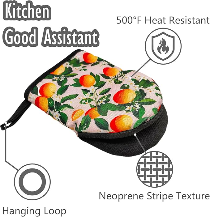 Orange Oven Mitts, High Heat Resistant Kitchen Oven Gloves, Mini Silicone Oven Mitts, Non-Slip Grip Surfaces and Hanging Loop for Grilling, Baking, Cooking and Microwave, Gift