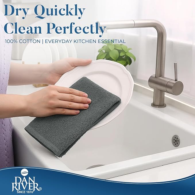 DAN RIVER Kitchen Bar Mops,Pack of 12,16 by 19 Inches,100% Cotton Super Absorbent,Multi-Purpose Cleaning Towels for Home and Kitchen Bars-Grey