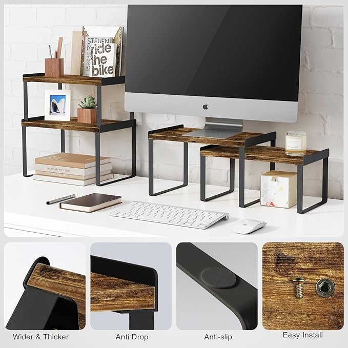 Goozii Kitchen Cabinet Organizers and Storage Shelves, Rustic Farmhouse Desk Shelf Riser for Cabinets, Black Expandable Corner Glasses Medicine Cabinet Organizer under Bathroom Sink - Set of 4