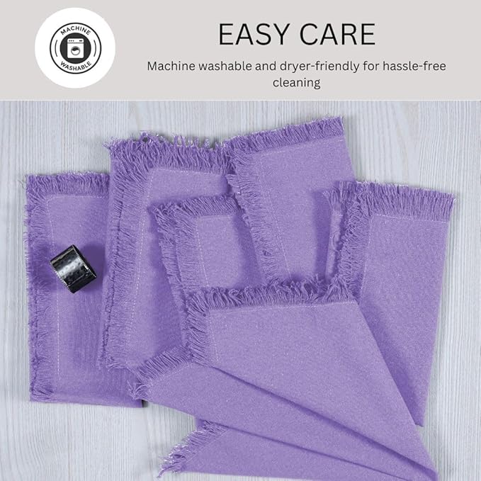 Cloth Dinner Napkins with Fringes 20x20 Inch 100% Cotton Set of 6 - for Dining Special Occasions Wedding Holidays Easter - Soft Durable Washable - Elegant Table Cloth Napkins Lavender/Purple