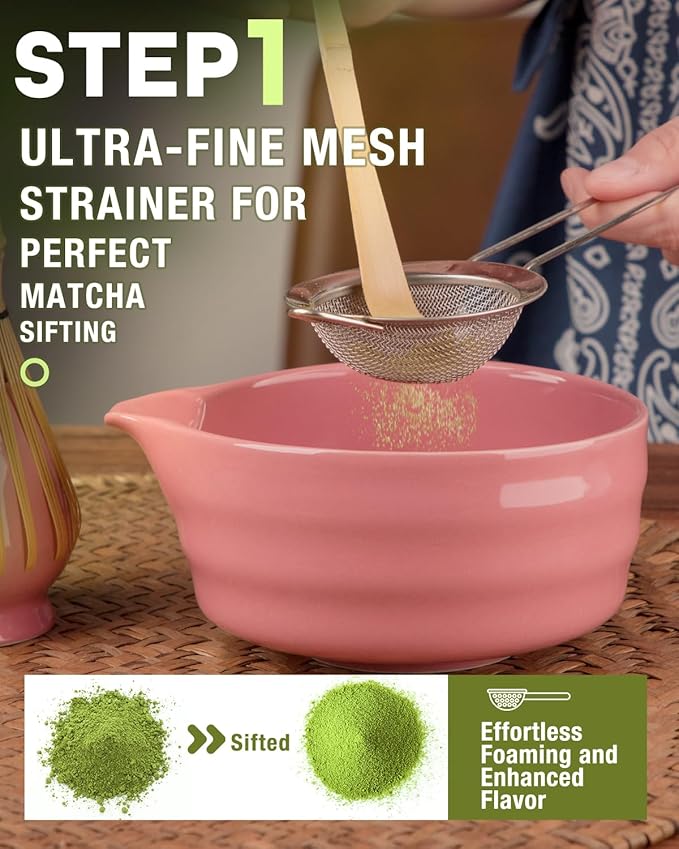 5PCS Pink Matcha Set - 17OZ Ceremonial Bowl with Spout, Bamboo Whisk (Chasen), Stainless Sifter, Scoop & Holder, Matcha Kit for Matcha Lovers, Pink