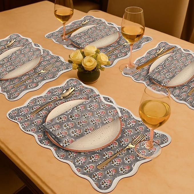 CPC Cotton Placemats Labra Grey Set of 4-Hand Block Printed Reversible Placemats, Flower Scalloped & Embroidered Cloth Table Mats - 14 x 20 inch Gift for Spring, Mother's Day