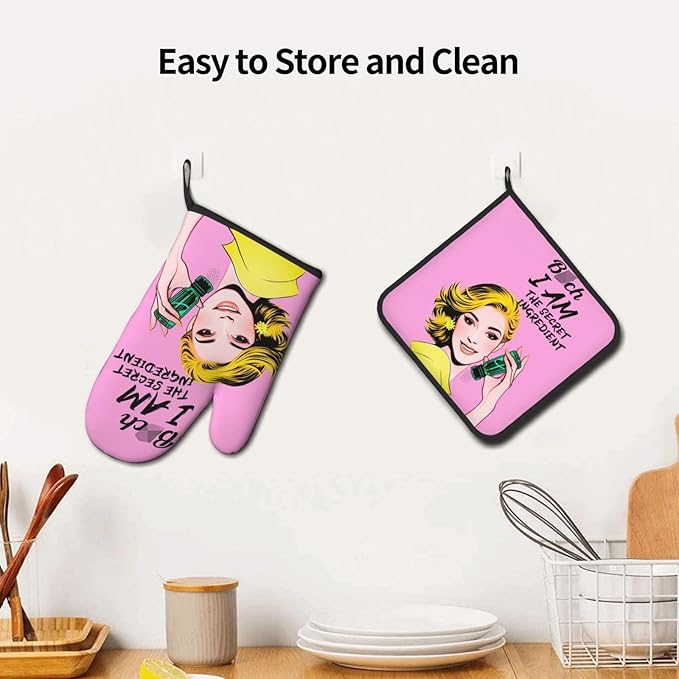 Cute Pink Oven Mitts and Pot Holders Set of 3, Heat Resistant Non-Slip Funny Hot Pad and Kitchen Gloves, Spring Funny Gifts for Cooking Lovers Women, Fun Kitchen Decor for Baking Cooking Grilling