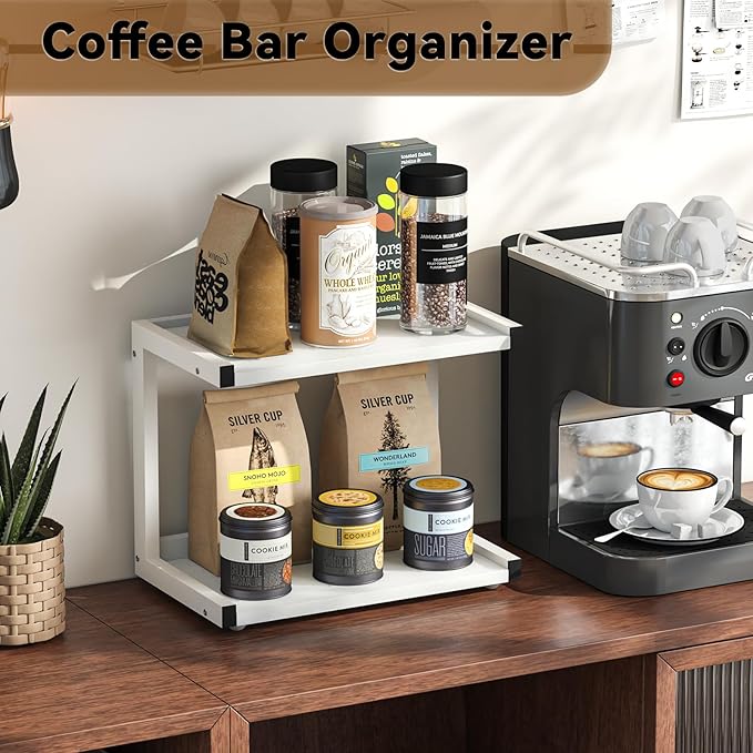 MARTY 2 Tier 12.6"x7.7" Counter Shelf Organizer Kitchen Spice Rack for Countertop, Coffee Station Organizer for Mugs Cups, Wood Shelf Desk Storage Organizer for Bathroom Home Office (White)