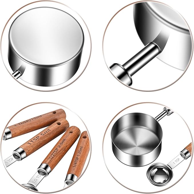 Wooden Handle Measuring Cups and Spoons Set 304 Stainless Steel Metric and US Measurements, Stackable Cups and Spoons, Fits for Measuring Dry and Liquid Ingredients