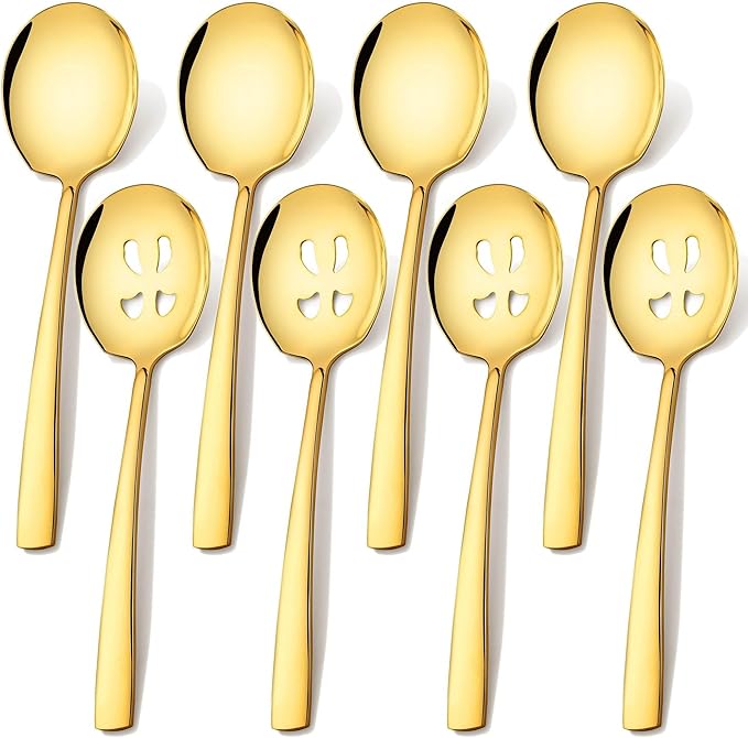 Stainless Steel Serving Spoons Set, 9.2-Inch Large Slotted Spoon x 4, Serving Spoon x 4, Big Serving Utensils Set for Buffet, Parties, Catering (4 Slotted & 4 Solid, Gold)
