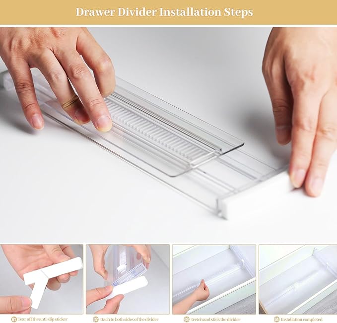 Adjustable Drawer Dividers for Clothes and Kitchen, 8 Pack Expandable Drawer Organizers, Clear Plastic Separators for Dresser, Utensil, Cutlery, Clothing, Underwear, and Office Storage