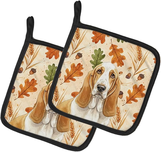 Caroline's Treasures Lemon and White Basset Hound Heirloom Fall Pair of Pot Holders Pair 7.5x7.5 Quilted Insulated Hot Pads Decorative Kitchen Gift Made in USA