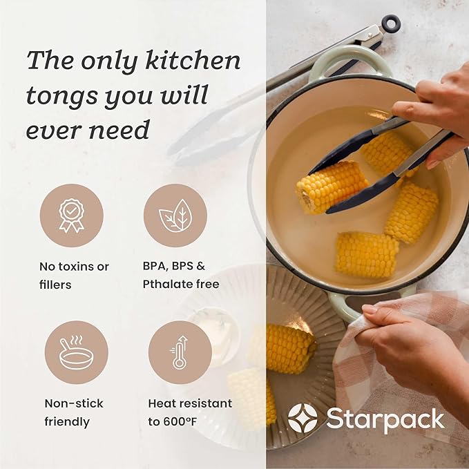 StarPack Premium Silicone Kitchen Tongs Set of 2 (9-Inch & 12-Inch) - Stainless Steel with Non-Stick Silicone Tips, High Heat Resistant to 480°F, For Cooking, Serving, Grill, BBQ & Salad (Stormy Grey)