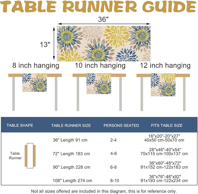 Geometric Dahlia Flower Dining Table Runner, Blue Yellow Floral Modern Art Burlap Kitchen Decoration, Spring Summer Farmhouse Indoor Outdoor Home Decor Party Supply 13 x 36 Inches
