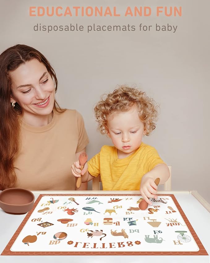 Babebay Disposable Placemats for Baby, 60 Pack Sticky Toddler Placemat for Restaurants, Dining Table, Party, Travel, 12" x 18" with 4 Designs