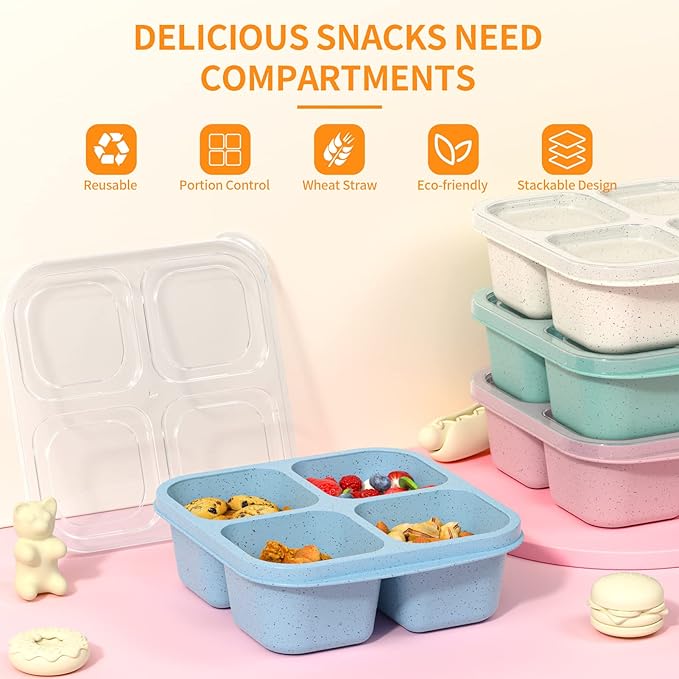 Bento Snack Boxes (4 Pack)- Reusable 4-Compartment Meal Prep Containers for Kids and Adults, Perfect Food Storage School, Compact Stackable (Wheat(Green/Blue/PK/Beige))