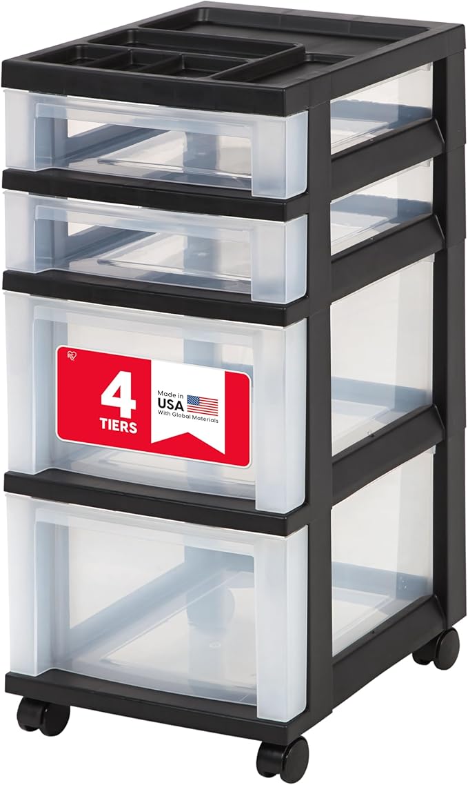 IRIS USA Plastic Drawer Storage Organizer Rolling Cart, with Wheels Casters, 4-Drawers, for Classroom Art Craft Supplies Dresser Closet Bathroom Laundry Room, Black/Clear