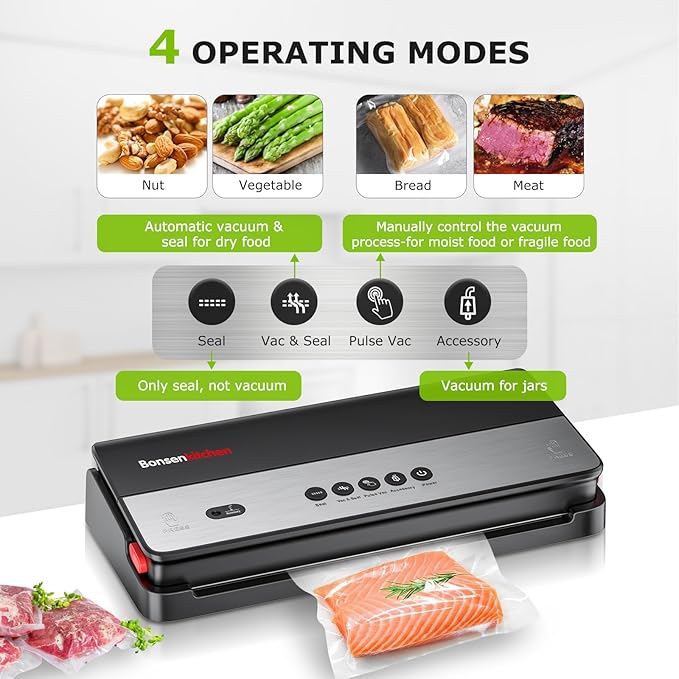 Bonsenkitchen Vacuum Sealer, Multi-Functional Food Sealer with 1 Roll Bag+ 50 Bags, Fast-Compact Design | Bag Storage | Built-in Cutter, External Vacuum System & Accessory Tube, Silver