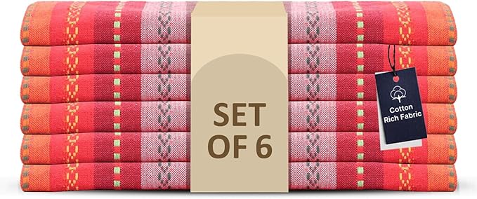 LFH Home Cotton Rich Cloth Salsa Napkin Set of 6 Valentine’s Day Romantic Red Washable Soft Durable Striped Table Napkins for Dining, Wedding, Daily Use, Reusable Eco-Friendly (18x18)