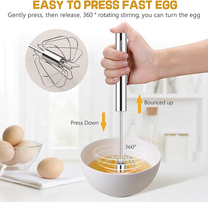 NileHome Stainless Steel Whisk 8" Hand Blender + 10" Semi-Automatic Rotary Kitchen Whisk Kitchen Wisk Wire Whisks for Cooking, Whisking, Blending, Beating, Stirring- 2 Pack...
