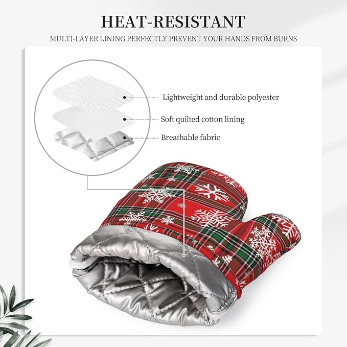 Christmas Plaid Snowflake Oven Mitts and Pot Holders Set, 4pcs Red and Green Checkered Silicone Oven Glove for Kitchen Heat Resistant Buffalo Plaid Oven Mitts and Potholders Non-Slip for BBQ