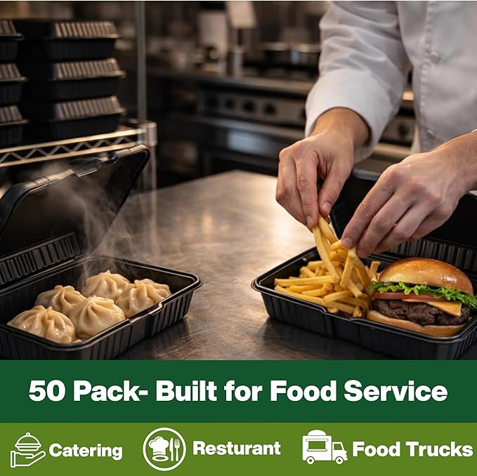 Front Lock MFPP Hinged Container, Black Clamshell Disposable Takeout Boxes, Durable Microwaveable To-Go Containers for Restaurant & Food Service, 9" x 6" – 50 Pack