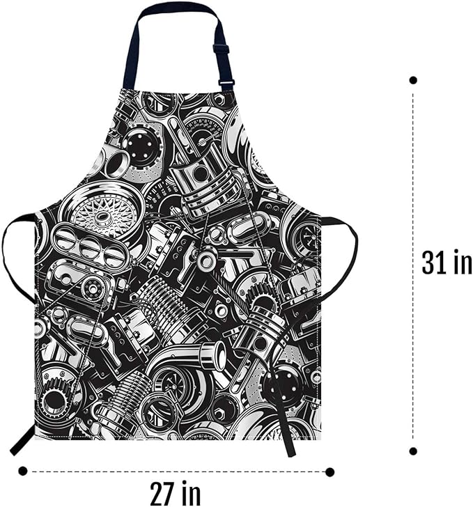 oFloral Automobile Car Parts Black and White Elements Bib Apron with Adjustable Neck for Men Women,Suitable for Home Kitchen Cooking Waitress Chef Grill Bistro Baking BBQ Apron