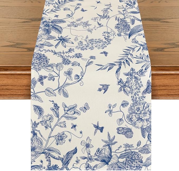 Artoid Mode Monochrome Sketch Birds and Flowers Spring Table Runner, Summer Seasonal Fall Kitchen Dining Table Decoration for Home Party Decor 13x90 Inch