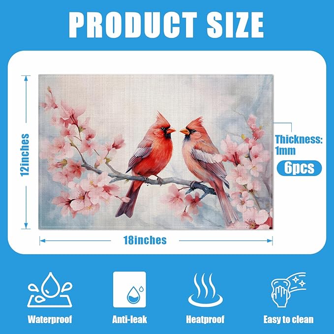 Red Cardinal Pink Cherry Blossom Placemats Set of 6, Spring Bird Branches Washable Linen Place Mat Heat Resistant Non Slip Kitchen Dining Table Mats 12x18 Inch