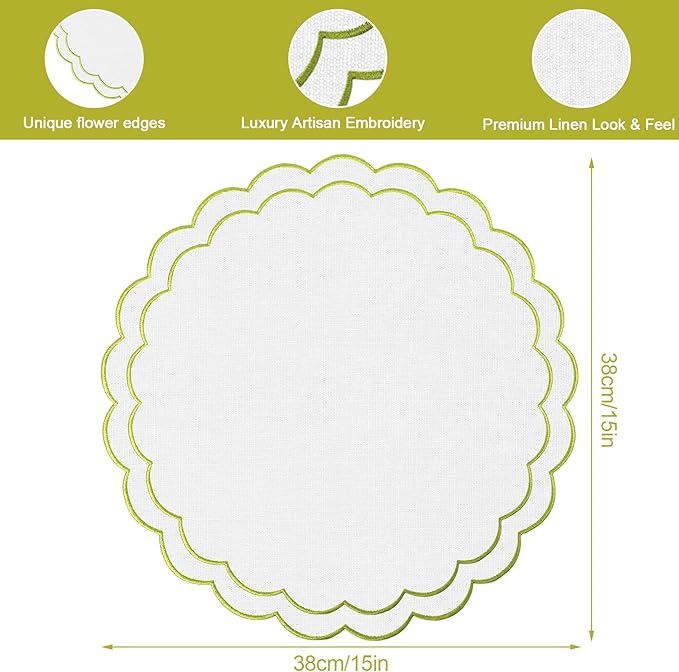 Set of 8 Cotton Linen Placemats, 15x15 Scalloped Flower Embroidery Cloth Table Mats Double Layered Fabric Machine Washable Wrinkle Free Dining Placemat for Restaurant Kitchen Decor, White with Green