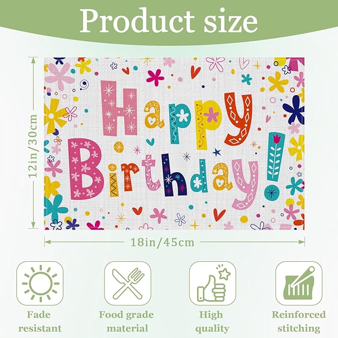 Happy Birthday Placemats Set of 6, Washable Heat Resistant Table Mat Linen Place Mats for Party Kitchen Dining Home Decor 12x18 Inch