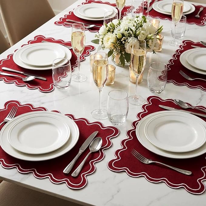 HunnmingRe Set of 6 Cotton Linen Placemats, 13x19 Inch Scalloped Wavy Embroidery Placemat Double Layered Washable Rustic Rectangle Dinner Table Mats for Wedding Home Decor(Burgundy with White)