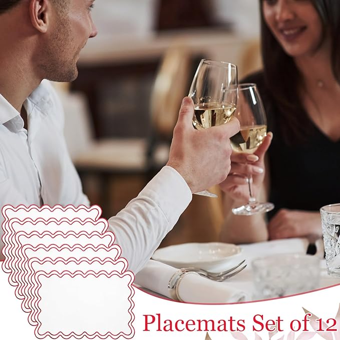 Linen Placemats Set of 12 Scalloped Placemat 13 X19 Wavy Embroidery Double Layered Washable Farmhouse Dinner Fabric Table Mat Napkin for Wedding Party Christmas Hotel Restaurant(White&red)