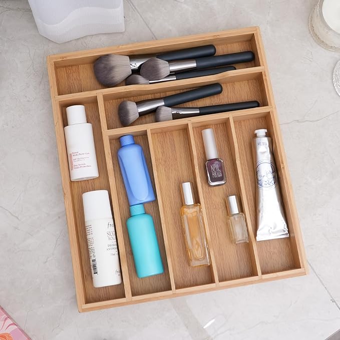 Bamboo Silverware Organizer Drawer Tray, 7-Compartment Utensil Drawer Organizer for Kitchen & Office, Flatware Holder for Forks, Spoons, Cutlery