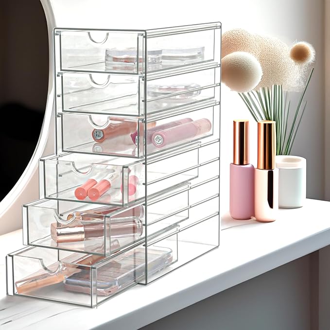 Clear Drawer Organizer, Transparent Plastic Storage Drawers, Hair Accessaries Organizer Case Display Stand, Acrylic Organizers for Organizing Eyeglass, Hair Ties, Accessories (Large - 6-Drawer)