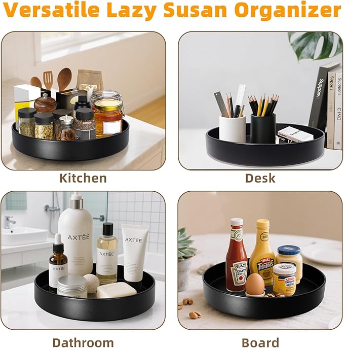 Metal Lazy Susan Organizer, 12 Inch Anti-Rust Turntable for Cabinet, Kitchen, Dining Table, Bathroom – Rotating Spice Rack, Spinner Storage, Round Carousel Organizer for Countertop Black