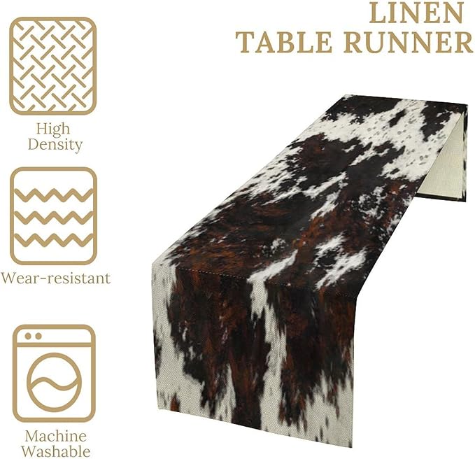 Cow Skin Print Table Runner, Rustic Cottage Country Farm Animal Fur Skin Western Style Black Brown Cowhide Print Dinner Runner for Home Kitchen Dining Table Decoration 13"x70"