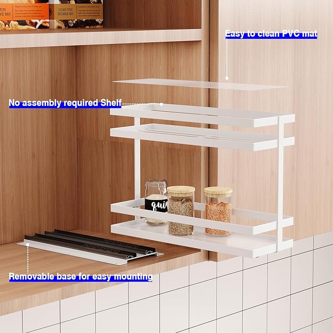 Mustorn 4 Pack Pull Out Spice Rack Organizer for Cabinet, 2 Tier Metal Slide Out Seasoning Organizer and Storage Heavy Duty Vertical Spice Rack Shelf Pullout for Kitchen Cabinets No Drilling (White)