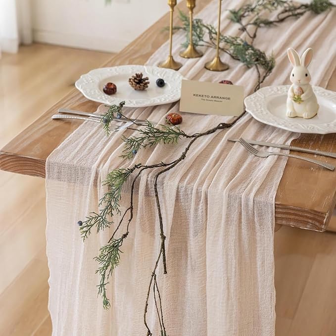 Keketoarrange 10pcs Beige Cheesecloth Table Runner Gauze Rustic 120 Inch 10 FT for Wedding Baby Shower Bridal Shower Birthday Engagement Garden Party Long Sheer Boho Spring Easter Home Decorations