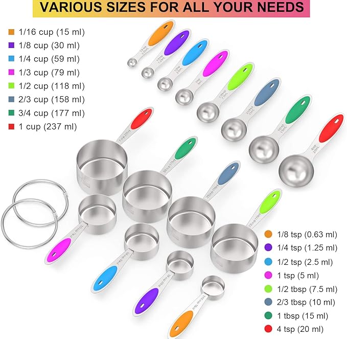 Measuring Cups & Spoons Set of 16, Wildone Premium Stainless Steel Measuring Cups and Measuring Spoons with Colored Silicone Handle, Including 8 Nesting Cups, 8 Spoons, for Dry and Liquid Ingredient