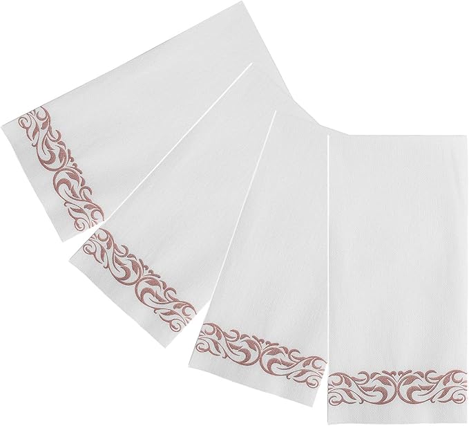 FOCUSLINE 200 Linen Feel Disposable Bathroom Napkins, Soft and Absorbent Paper Guest Towels, Cloth-Like Paper Hand Towels Decorative Napkins for Parties,Weddings,Dinners or Events,Rose Gold, 12" x 17"