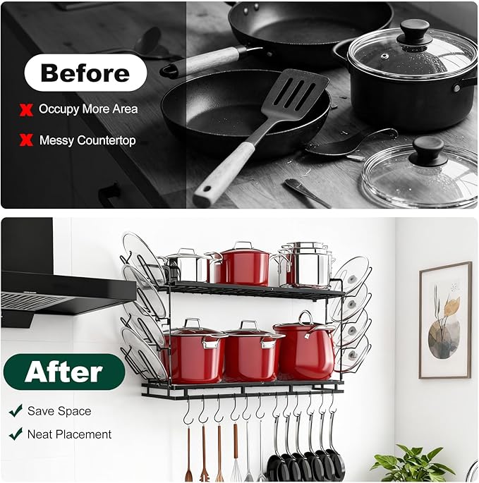 Housolution Pot Rack Wall Mounted, 22''-30'' Length Expandable, 3 Level Height Adjustable, 2 Tier Heavy Duty Hanging Cookware Pan Organizer with 12 Hooks and 8 Lid Holders