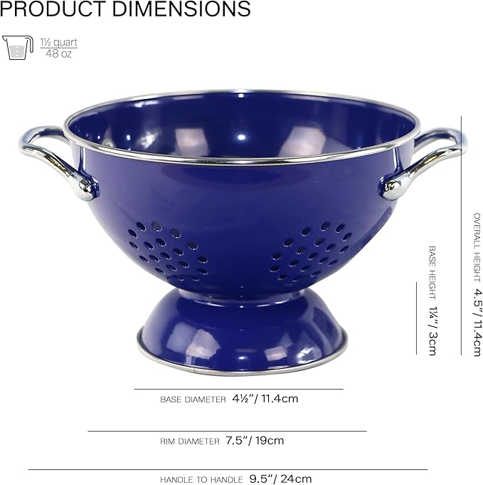 Reston Lloyd, 1.5 Quart Powder Coated Steel Kitchen Strainer Basket for draining Pasta, Vegetable and Fruit, Chrome Handles and Wide Stable Base, Indigo