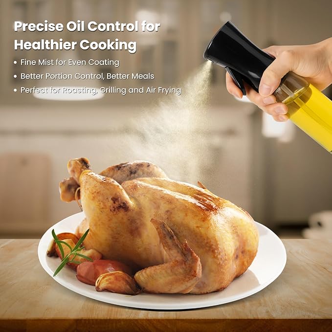 BOKKY Olive Oil Sprayer for Cooking 2 in 1, 220ml Glass Olive Oil Spray Bottle with Continuous Fine Mist, Food Grade Oil Sprayer for Air Fryer, Salad, BBQ, Baking, Frying (Black & White / 2 Pack)