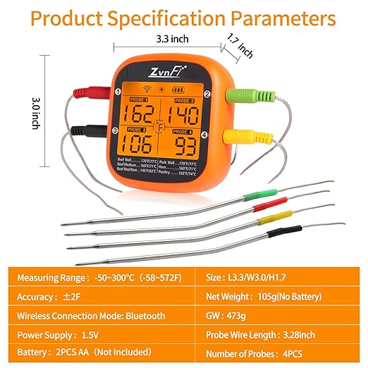 Instant Read Food Meat Thermometer Wireless Digital with LCD Display and 4 Stainless Probes,Advanced Electronic Thermometer Waterproof for BBQ Cooking Kitchen Outside Grill