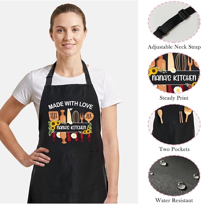 Black Baking Aprons for Women, Adjustable Cooking Baking Kitchen Aprons for Mom Chef with Pockets