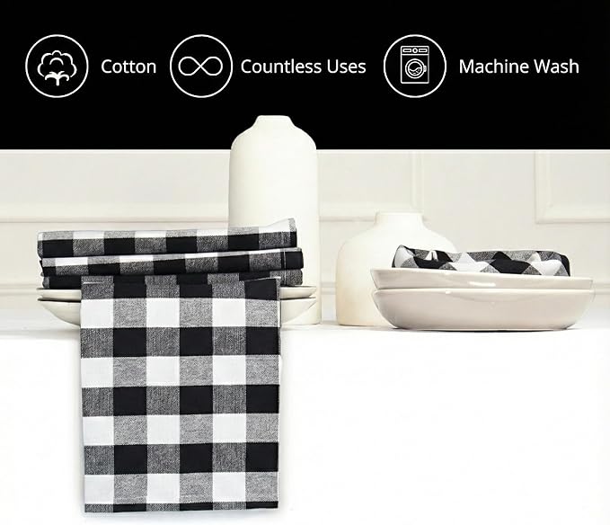 PurpleEssences Buffalo Plaid Cloth Napkins - Mitered Corners - Spring Easter Summer - Gingham Check Dinner Napkin - Set of 12-100% Cotton - 18x18 Inch - Reusable Washable - Black and White