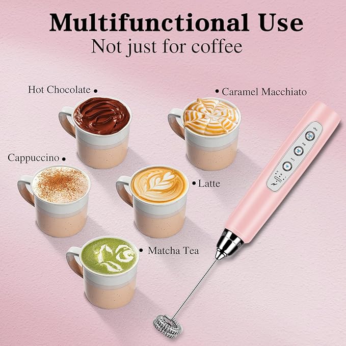 BSRGMS Milk Frother Handheld for Coffee, Electric Whisk 3 Speed Adjustable, Drink Mixer with Stainless 3 Whisks, Rechargeable Hand Frother Wand, Foam Maker for Latte Cappuccino Hot Chocolate Egg Pink