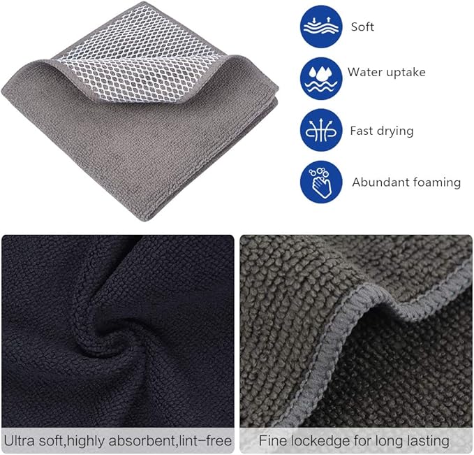 SINLAND Microfiber Dish Cloth for Washing Dishes Best Kitchen Washcloth Cleaning Cloths Poly Scour Side 12inchx12inch 5 Pack (Blue+White+Grey+Brown+Black)