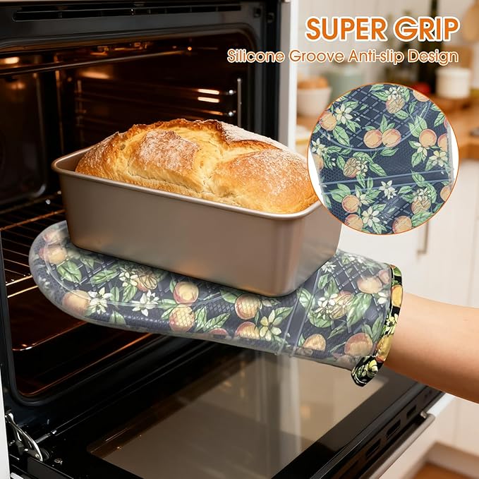 Silicone Oven Mitts Set Heat Resistant 2PCS Kitchen Mittens with Soft Cotton Lining Long Waterproof Non-Slip Oven Gloves for Cooking, BBQ, Baking-Orange