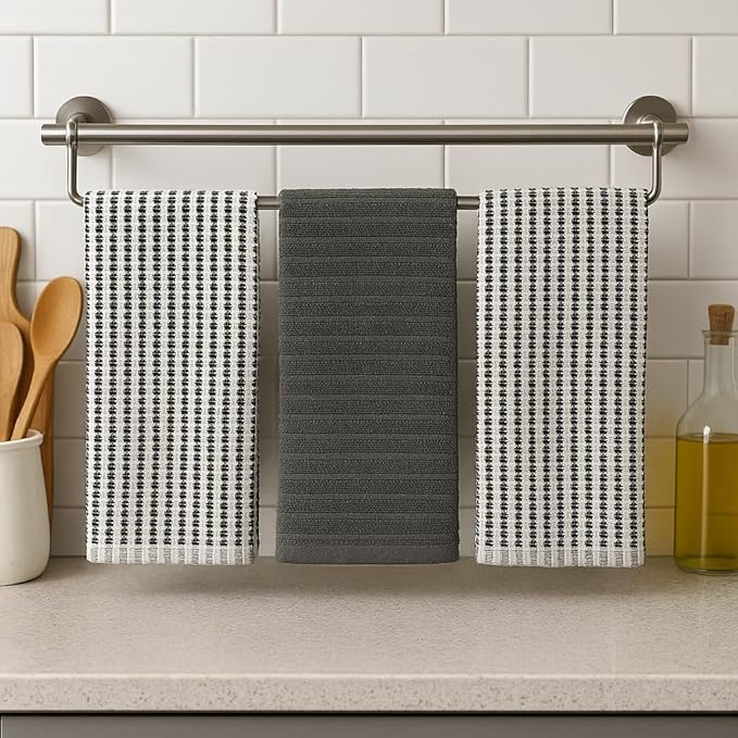 Thanksgiving Kitchen Towels- Set of 3 100% Cotton Solid Dark Gray and Checkerboard Grid Pattern Design- 28 x 18 Multipurpose Towels for Everyday Use