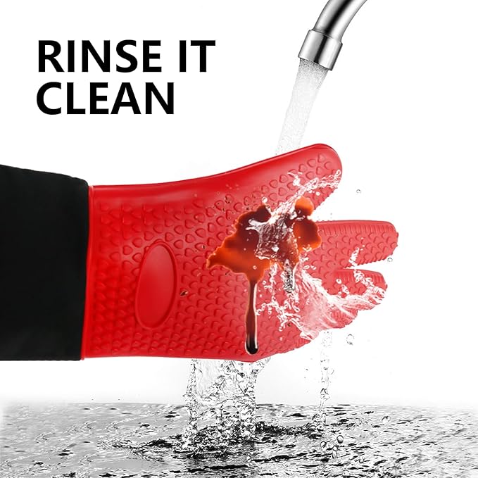 1 Pair Extra Long Professional Oven Mitts, Non-Slip Silicone Grip Heat Resistant,19.7" Length,Up to 572℉ for BBQ Cooking Baking Grilling (Red)